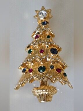 Vintage Carolee 1994 Gold-tone Jeweled Christmas Tree Brooch